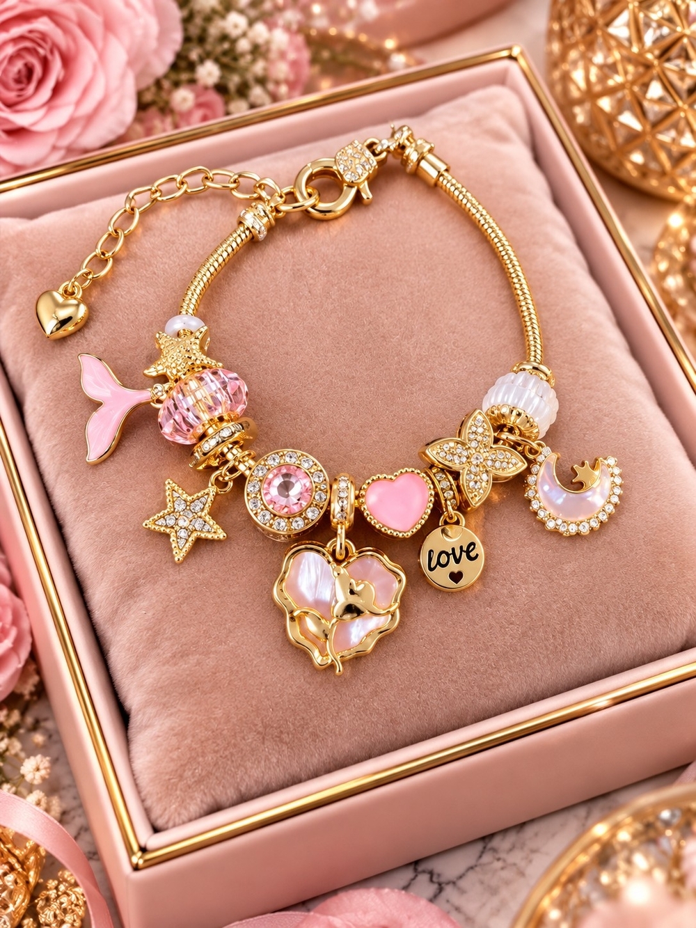 Gold Pink Charm Bracelet - Love Heart & Star Dangle